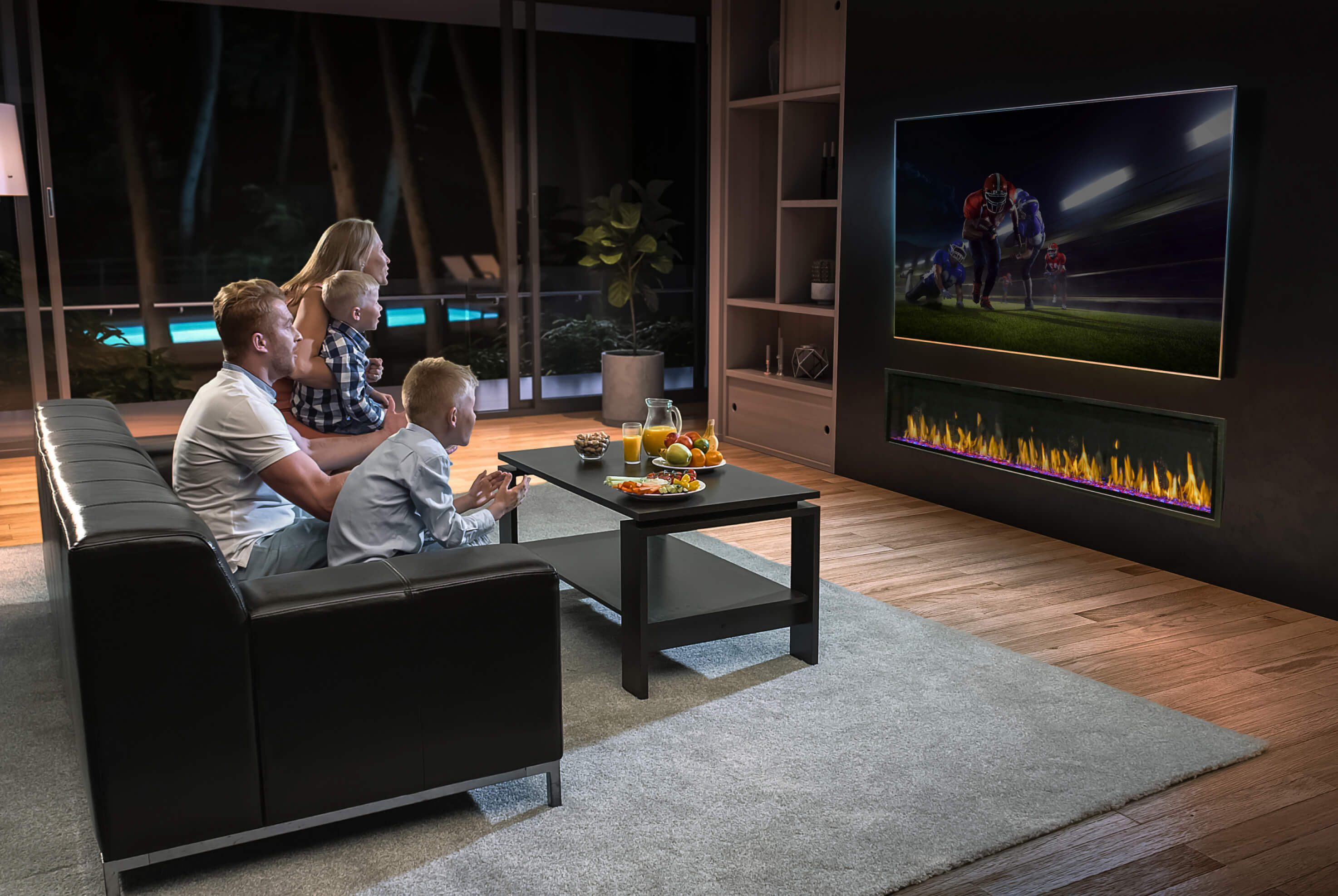 Modern Flames Orion Slim electric fireplace family media wall entertainment room