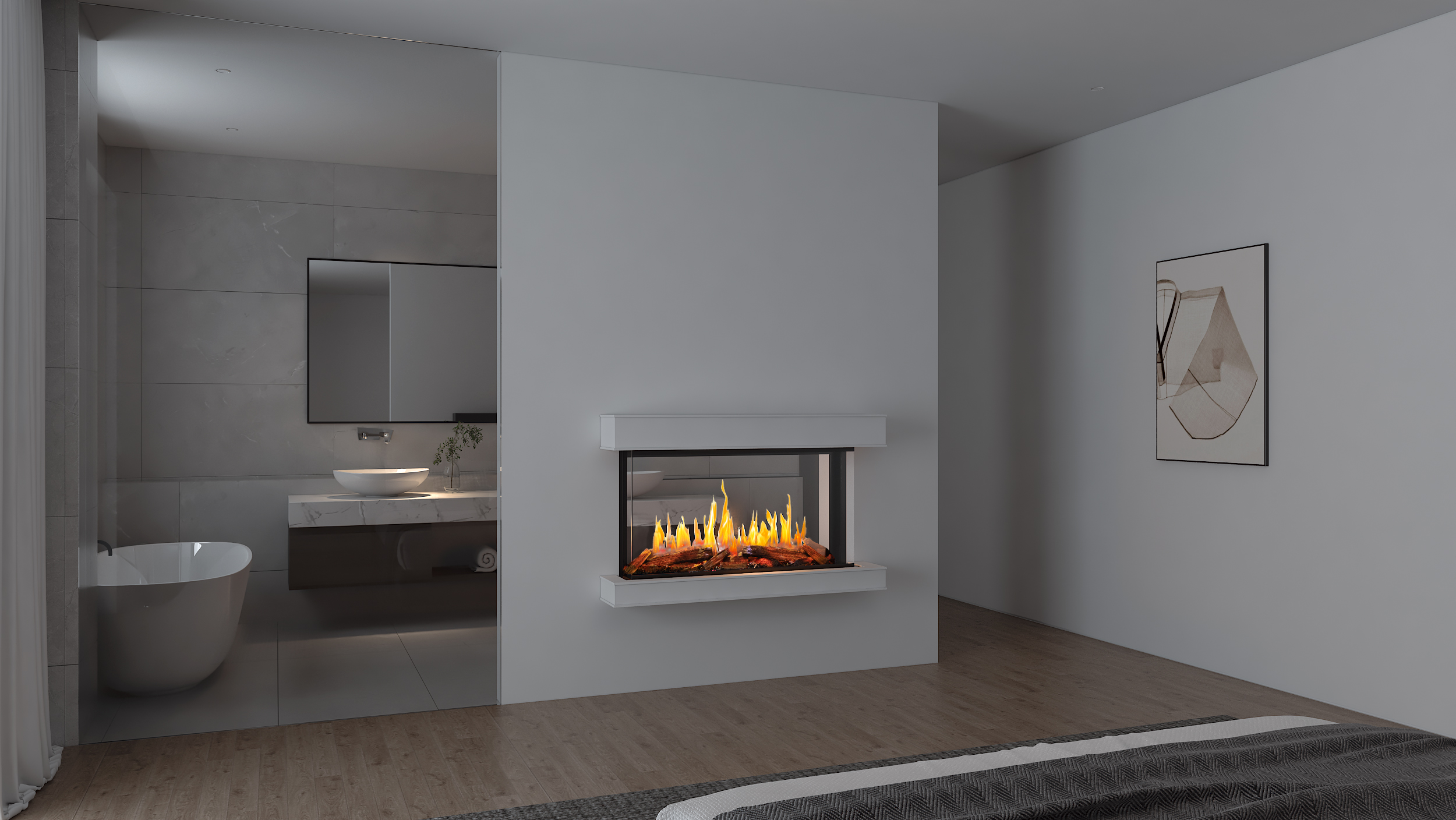 Modern Flames Nova Clear fireplace separating a bedroom and bathroom